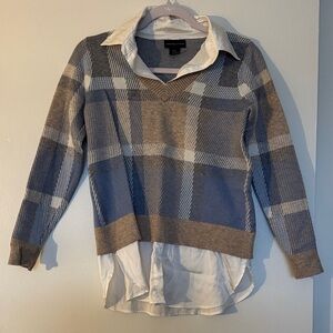 Adrienne Vittadini Gray Plaid V-Neck Sweater with Layered Shirt